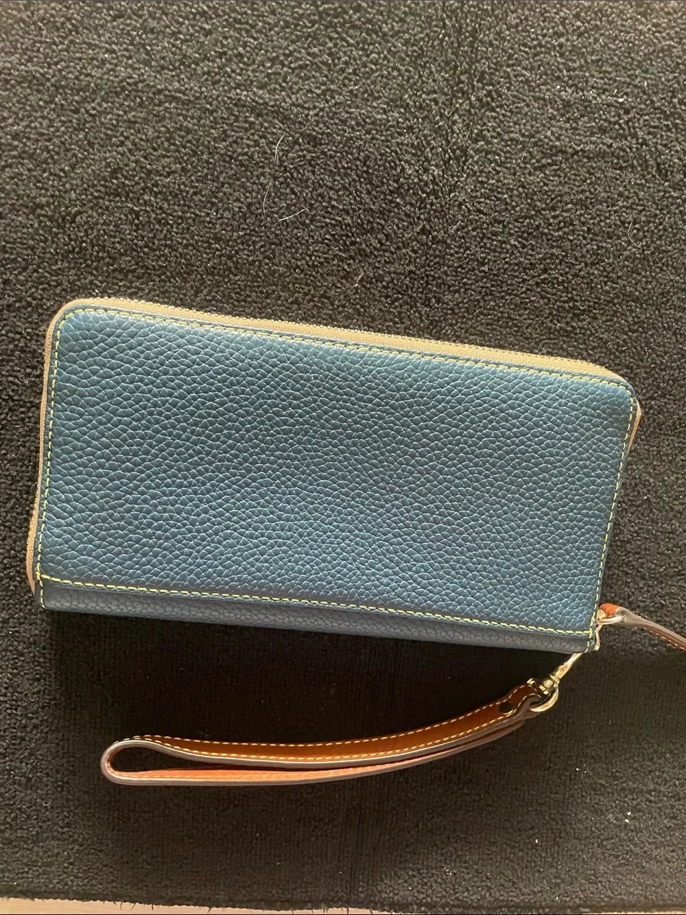 Dooney & Bourke Teal Pebbled Leather Wristlet with Brown Trim